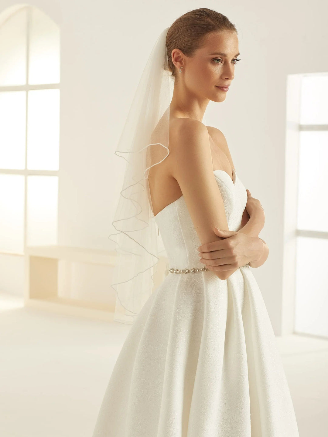 VOILE DE MARIÉE S312 – DOUBLE VOILE EN TULLE SOUPLE AVEC BORDURE EN PERLES FINES (80/60 CM) Bianco Evento