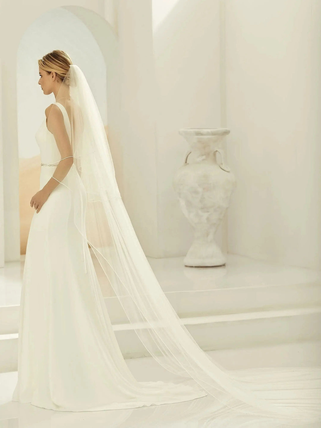 VOILE DE MARIÉE S397 – DOUBLE VOILE EN TULLE SOUPLE AVEC BORDURE EN PERLES DE VERRE (300/80 CM) Bianco Evento