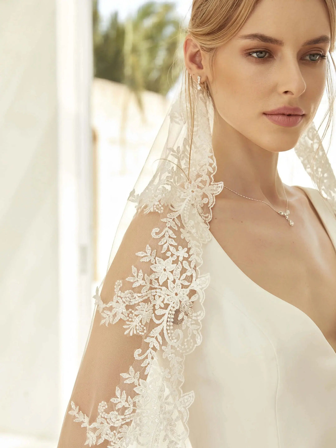 VOILE DE MARIÉE S420 EN TULLE IVOIRE 300 CM AVEC DENTELLE PERLÉE Bianco Evento