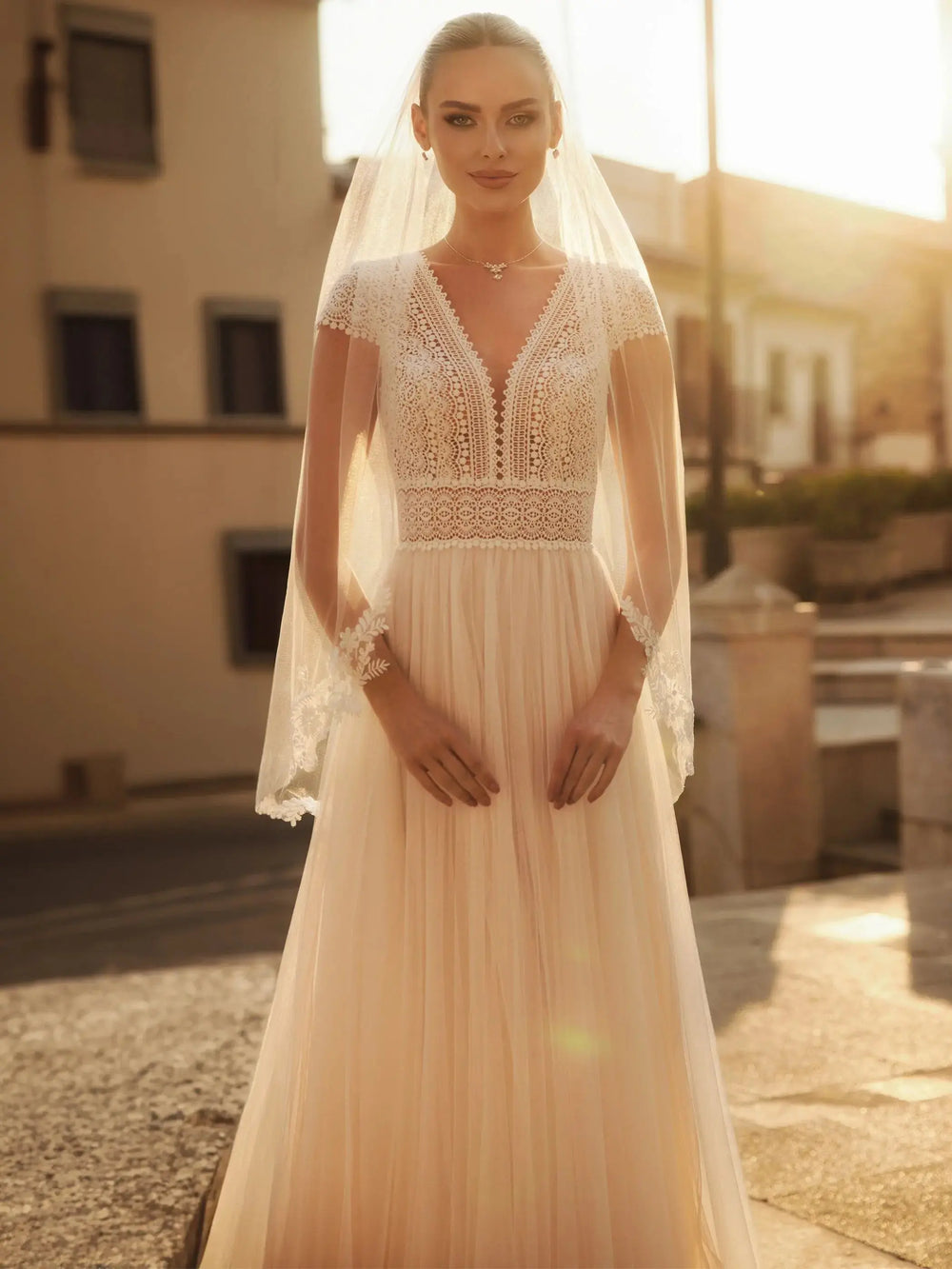 VOILE DE MARIÉE S462 – TULLE DOUX AVEC DENTELLE ET SEQUINS – LONGUEUR 110 CM Bianco Evento