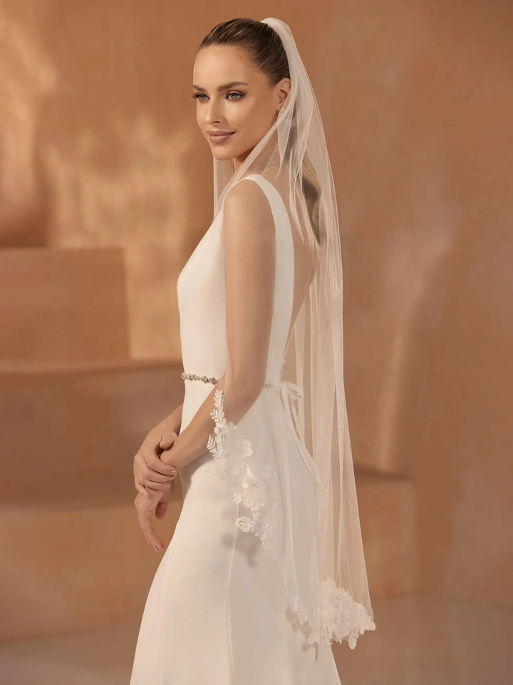 VOILE DE MARIÉE S462 – TULLE DOUX AVEC DENTELLE ET SEQUINS – LONGUEUR 110 CM Bianco Evento