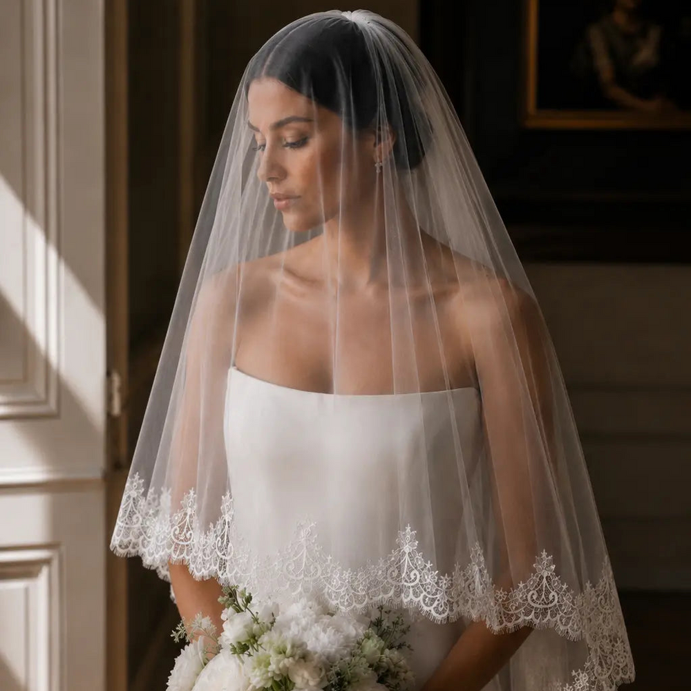 VOILE MARIÉE CASSANDRA WK15 DENTELLE FRANÇAISE – AVEC RABAT 80/300 CM Novias