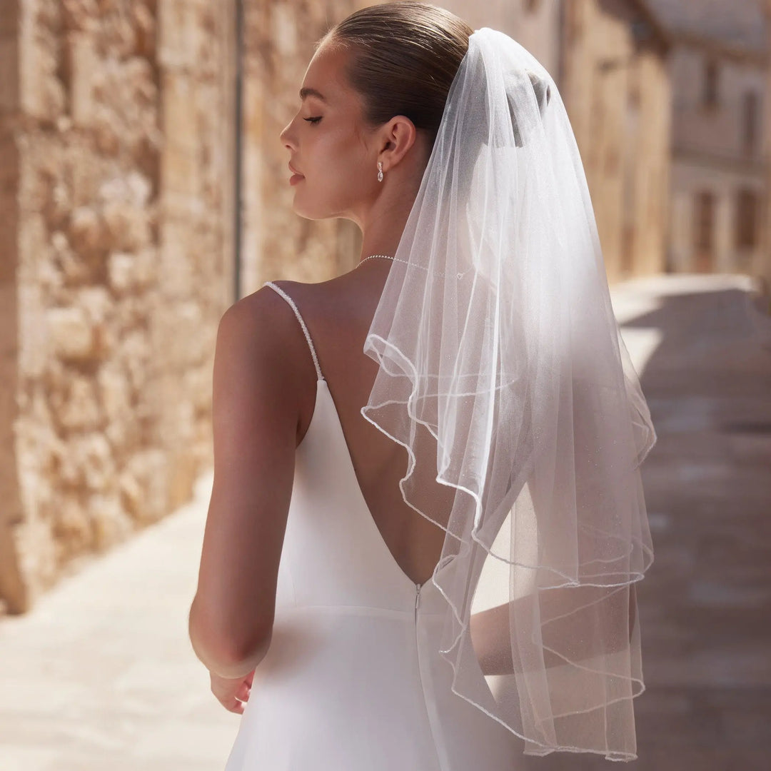 VOILE MARIÉE COURT S494 TULLE PAILLETÉ & PERLES DE VERRE – AVEC RABAT BIANCO EVENTO