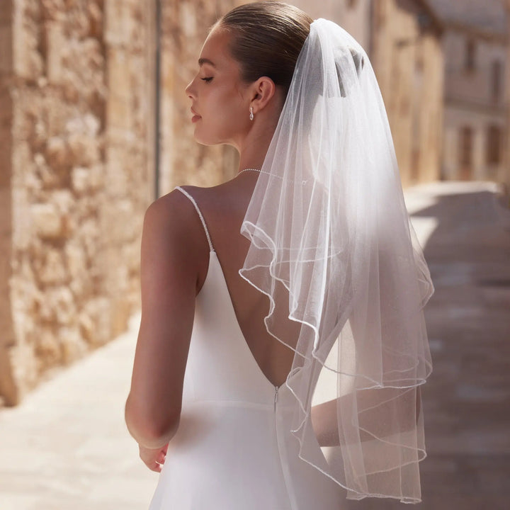 VOILE MARIÉE COURT S494 TULLE PAILLETÉ & PERLES DE VERRE – AVEC RABAT BIANCO EVENTO
