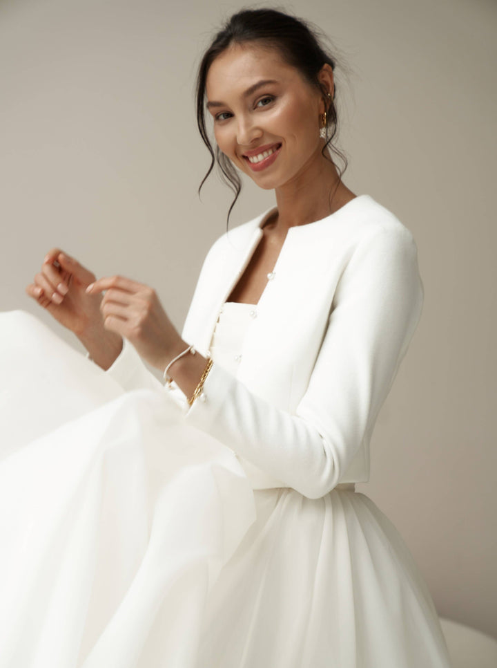 Veste de mariée ivoire col rond, mariage d'automne