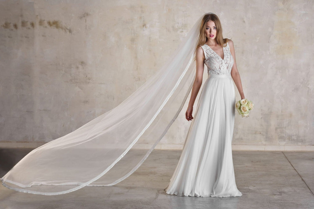 Voile de mariée Dagmar WD57 porté, dentelle géométrique