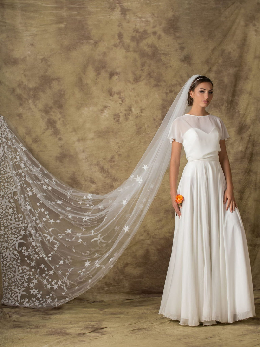 Voile de mariée Delta WD54 porté, étoiles brodées