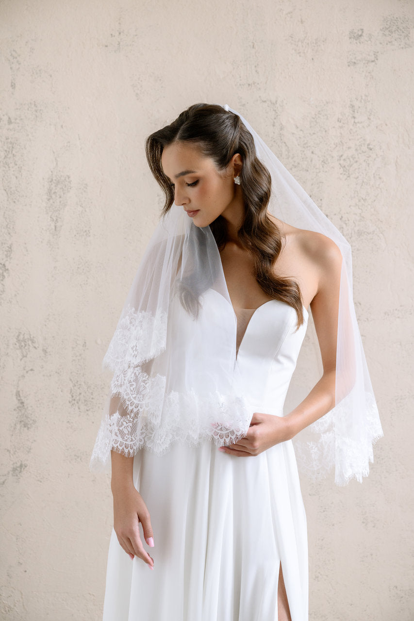Voile de mariée Edena 65/90 cm, dentelle Chantilly, photo 2