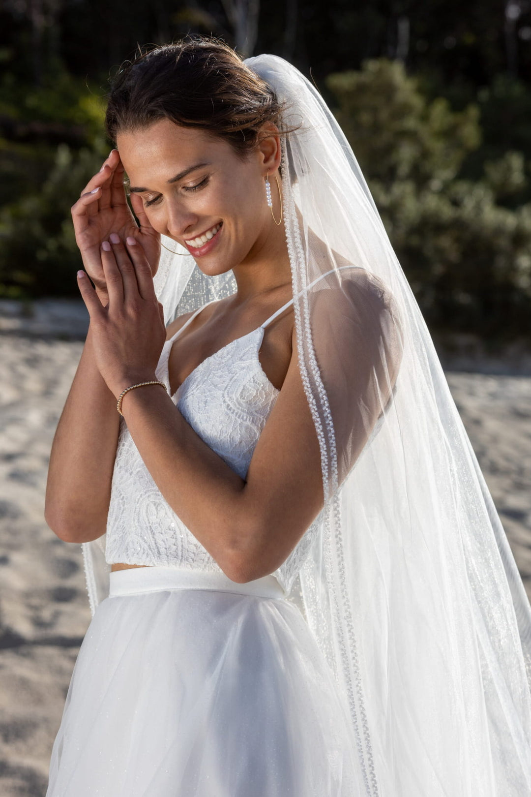Voile de mariée Estefania WD87 porté, deux rangs de perles