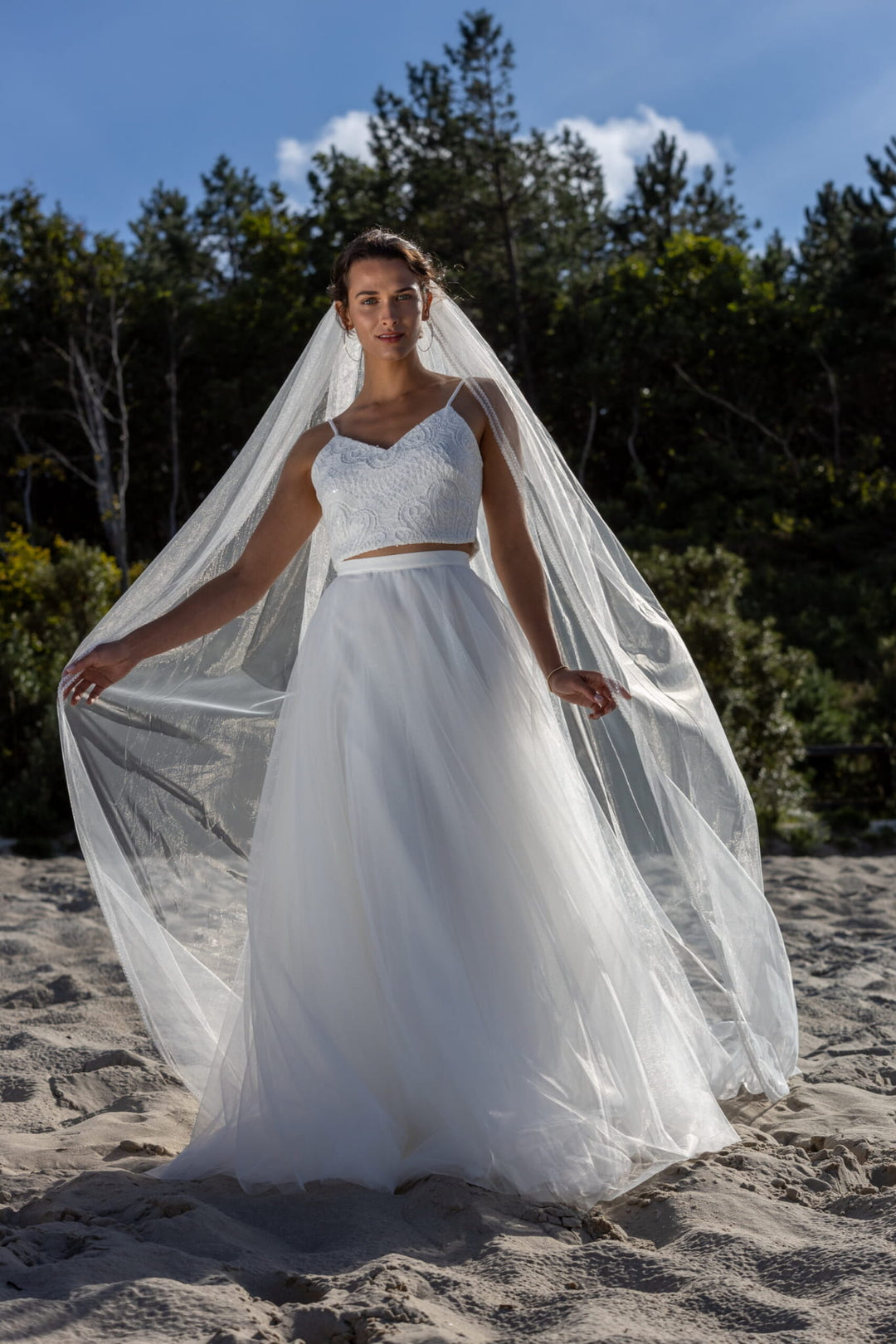 Voile de mariée Estefania WD87 porté, deux rangs de perles