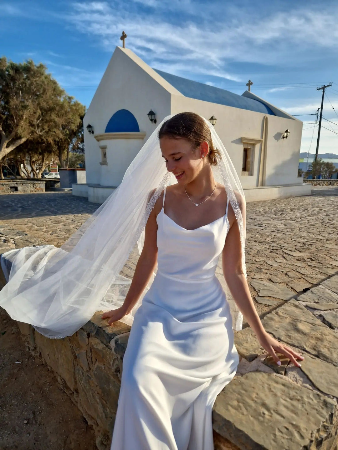 Voile de mariée Imani WD104 porté, ruban perlé