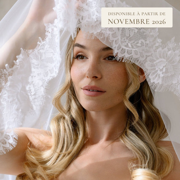 Voile de mariée Lune deux couches dentelle Chantilly, disponible à partir de novembre 2026