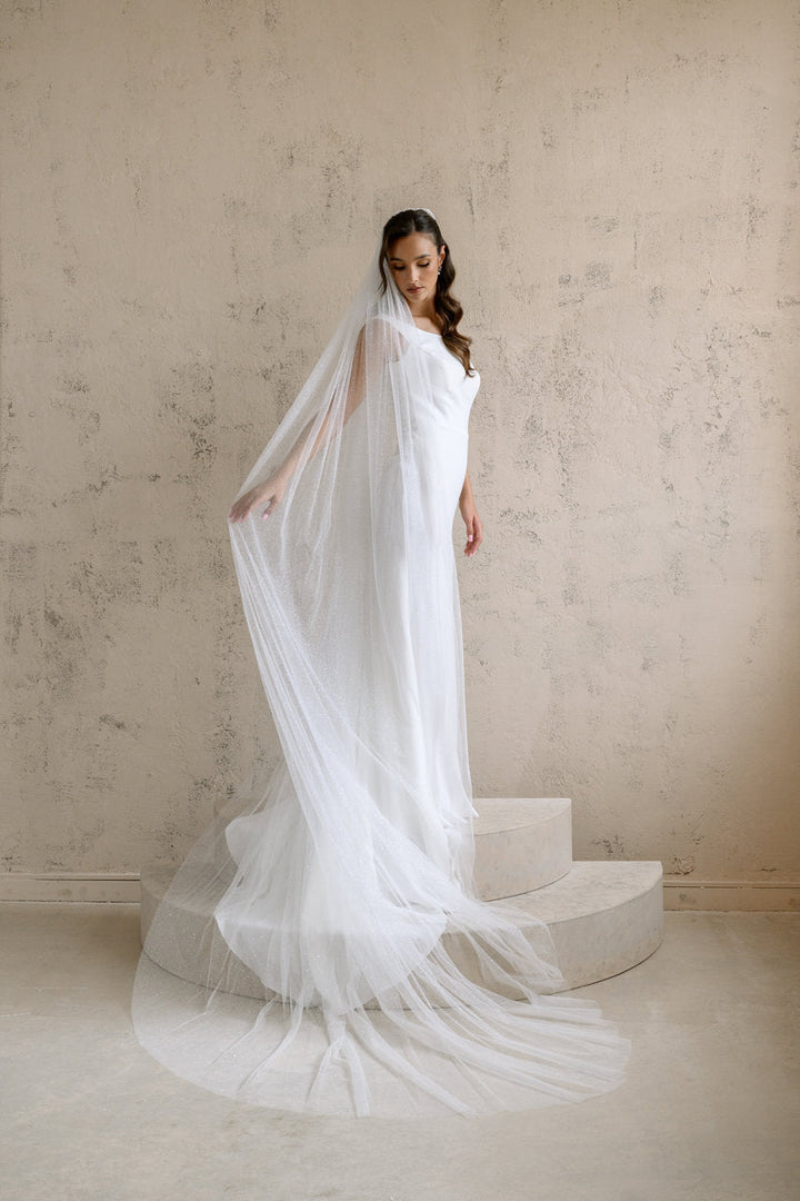 Voile de mariée Odessa 300 cm, tulle pailleté, vue de face sur l'escalier