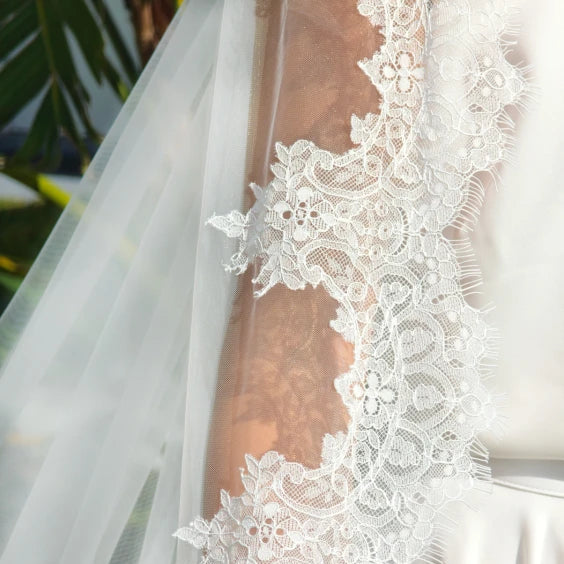 Voile de mariée Olbia WD127, large bordure en dentelle française festonnée