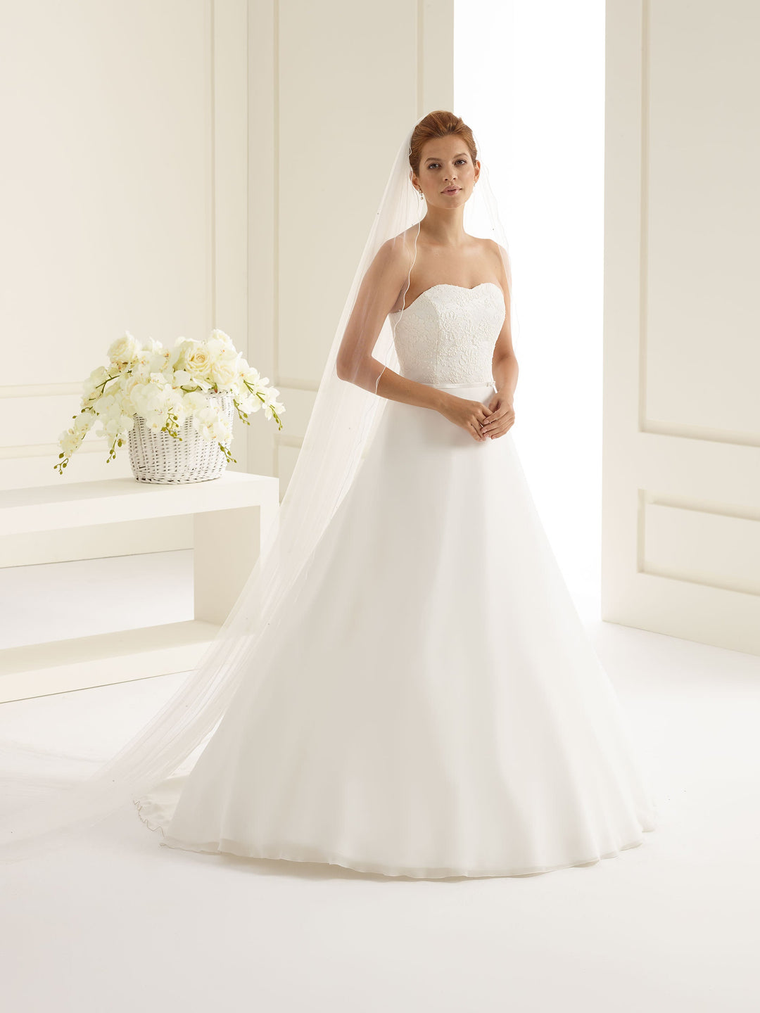 Voile de mariée cathédrale 300 cm à bordure festonnée semée de cristaux S156S Bianco Evento