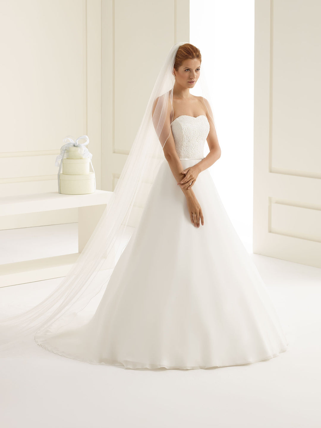 Voile de mariée cathédrale 300 cm en tulle ivoire à contour festonné sans ornement S213 Bianco Evento
