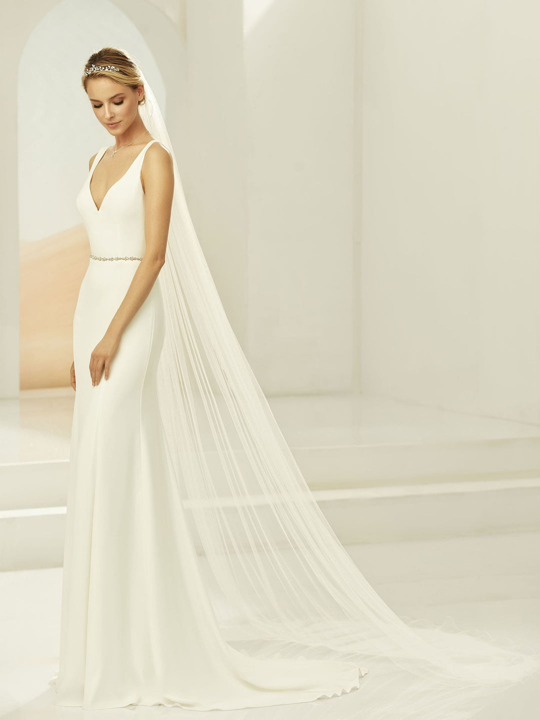 Voile de mariée cathédrale 250 cm en tulle souple ivoire sans ornement S388 Bianco Evento