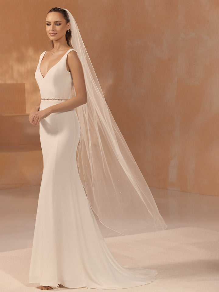 Voile de mariée chapelle 170 cm en tulle souple ivoire à bord festonné perlé S476 Bianco Evento