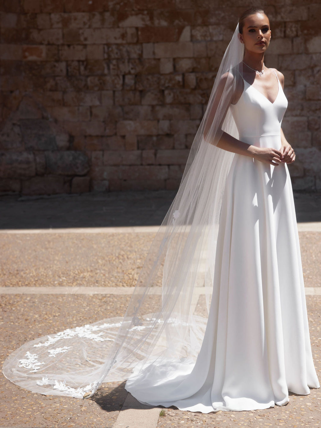 Voile de mariée S519 – tulle doux, motifs dentelle, 300 cm BIANCO EVENTO