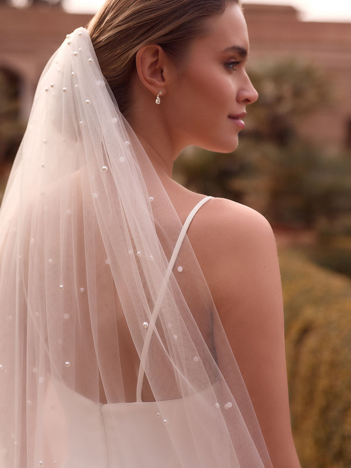 Voile de mariée S543 – tulle doux, perles semées, 200 cm BIANCO EVENTO