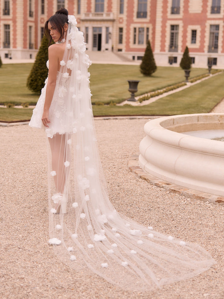 Voile de mariée S546 – fleurs 3D, tulle doux, 300 cm BIANCO EVENTO
