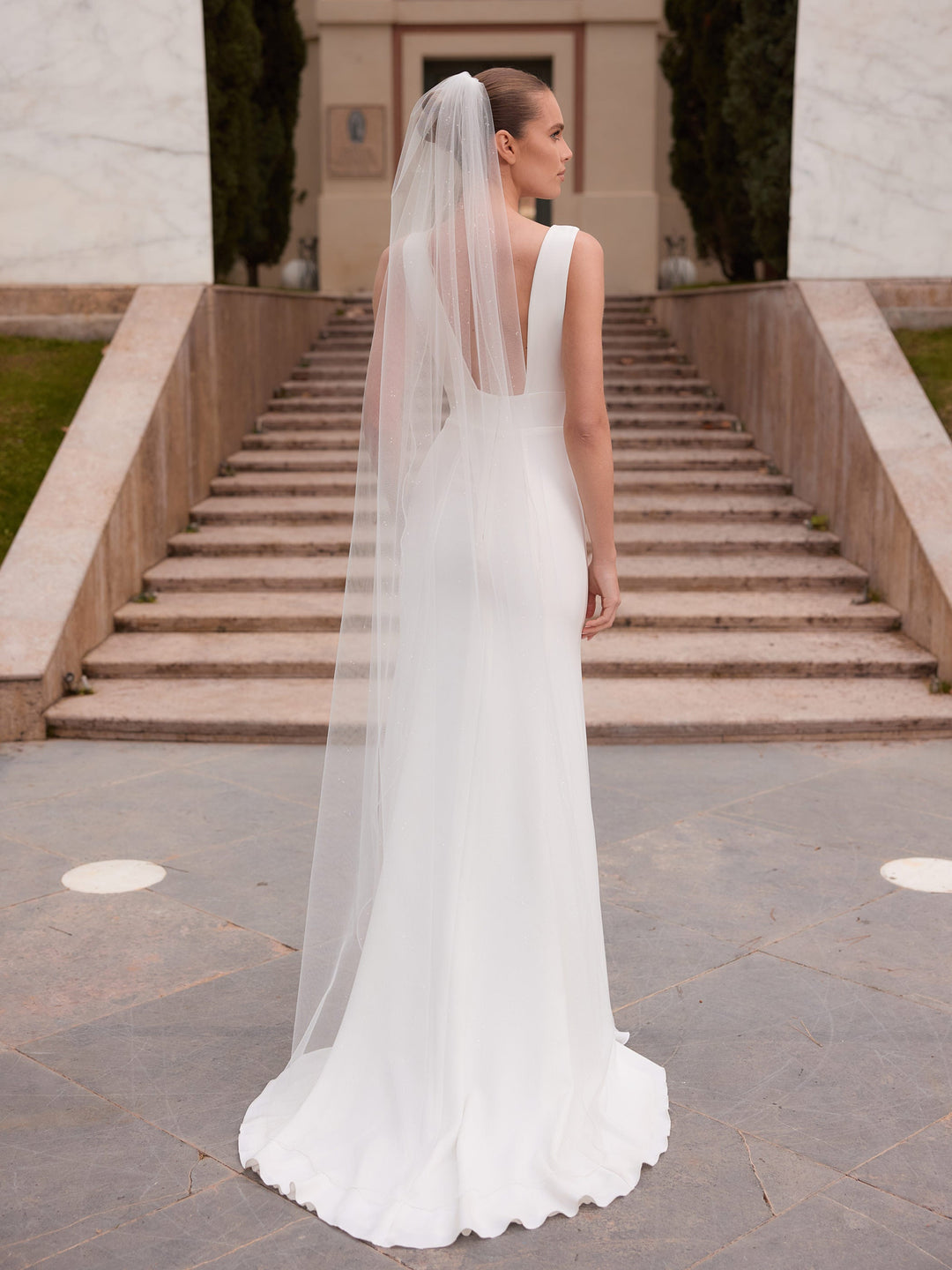 Voile de mariée 200 cm en tulle pailleté ivoire à bordure de perles de verre S551 Bianco Evento