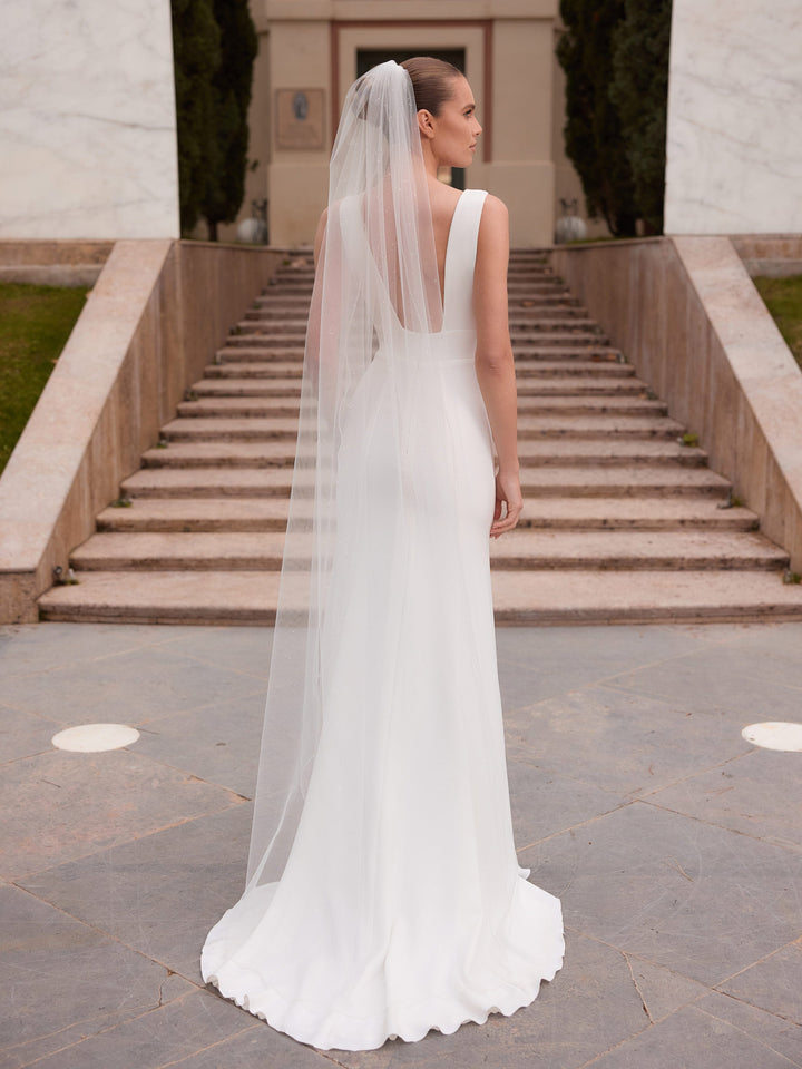 Voile de mariée 200 cm en tulle pailleté ivoire à bordure de perles de verre S551 Bianco Evento