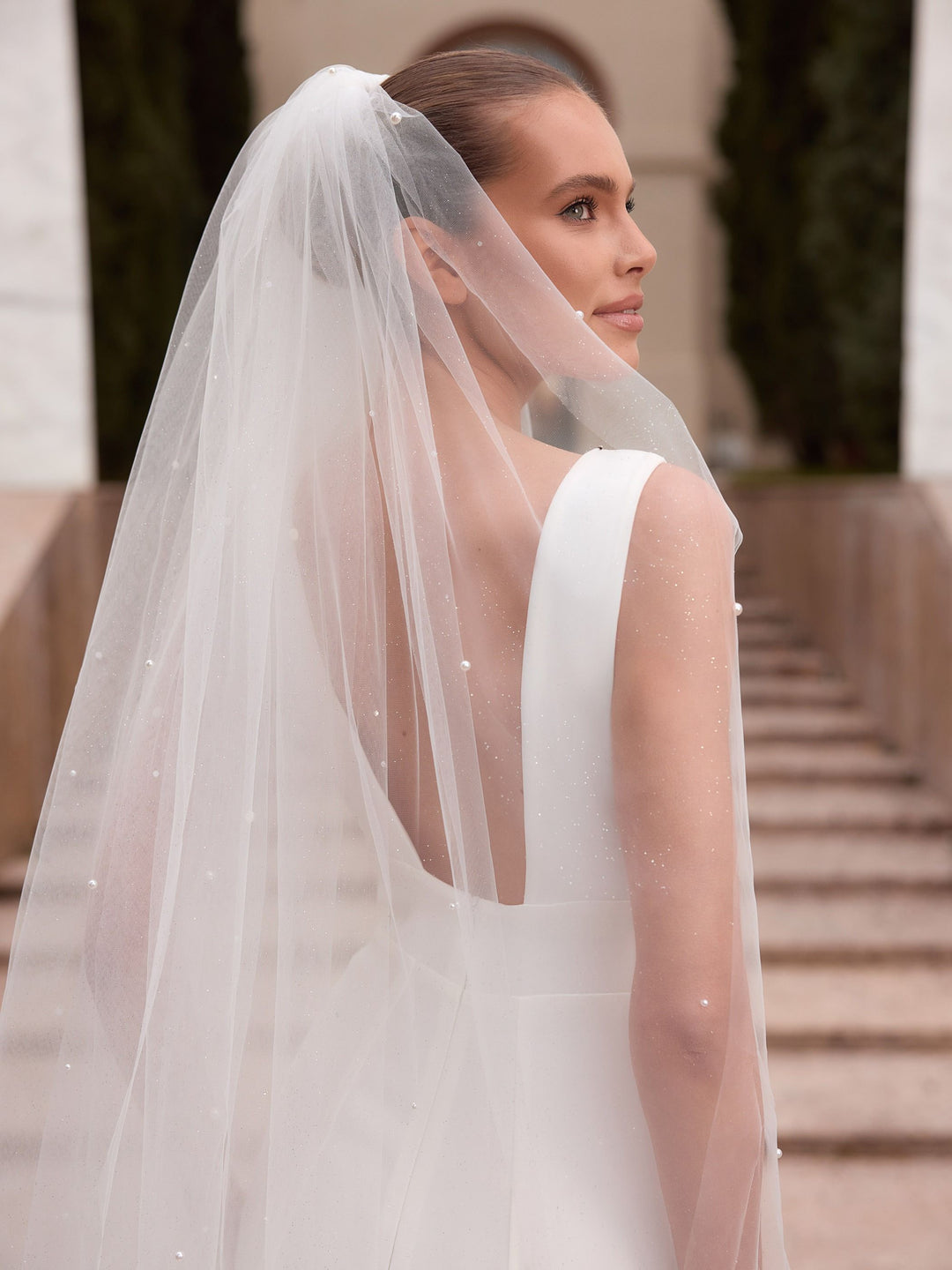 Voile de mariée S555 – tulle pailleté, perles et cristaux, 140 cm BIANCO EVENTO
