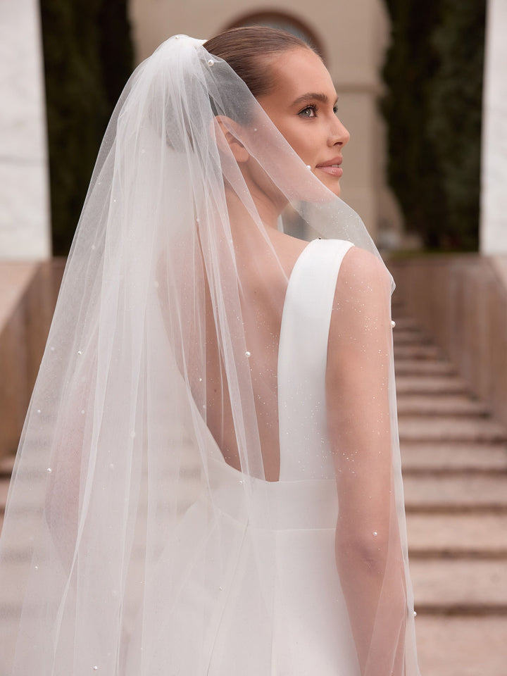Voile de mariée S555 – tulle pailleté, perles et cristaux, 140 cm BIANCO EVENTO