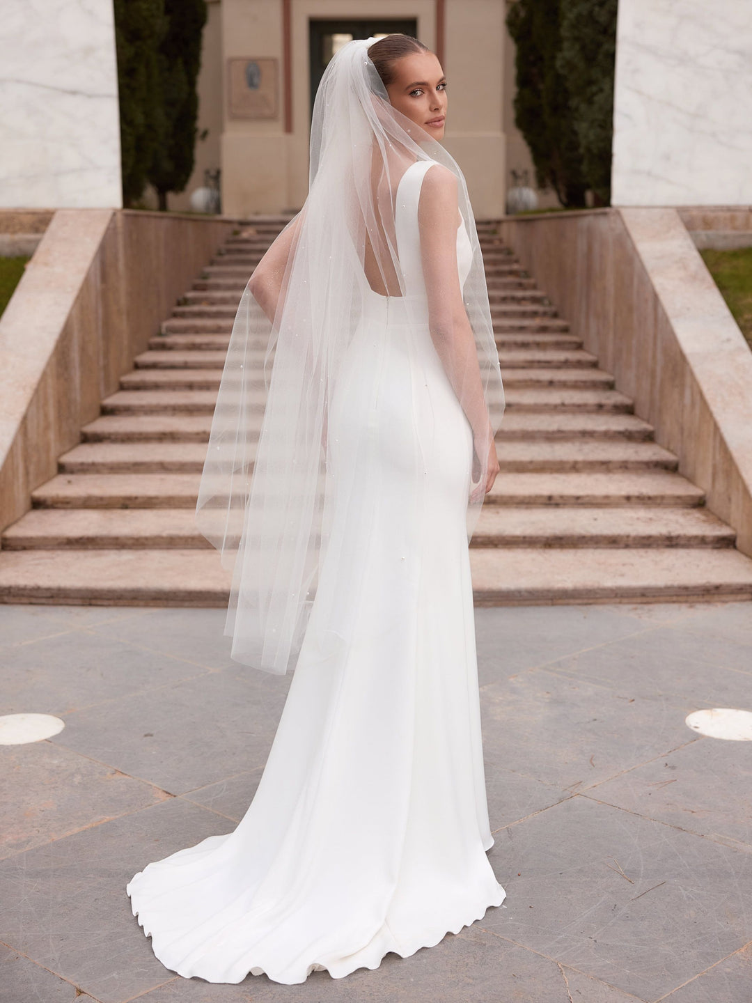 Voile de mariée S555 – tulle pailleté, perles et cristaux, 140 cm BIANCO EVENTO
