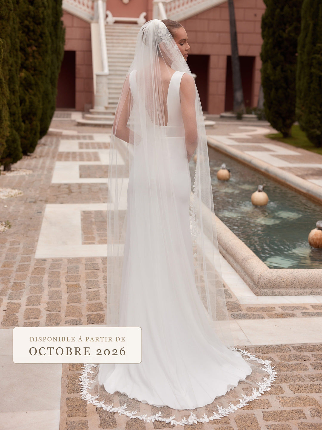 Voile de mariée 220 cm en tulle souple ivoire à guirlande de dentelle fleurie S563 Bianco Evento