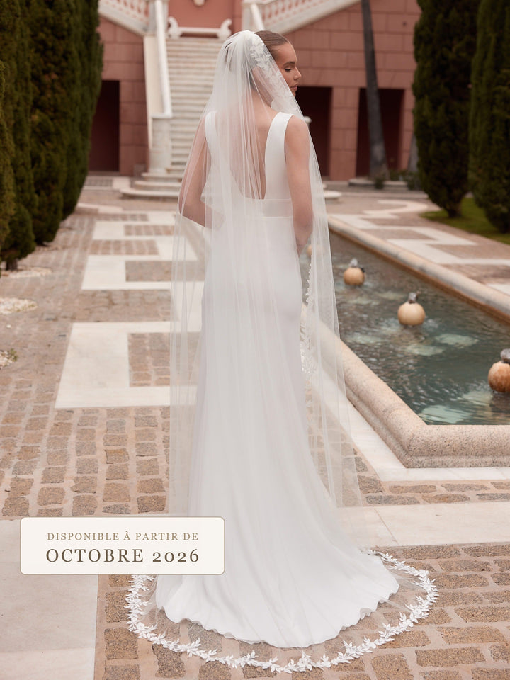 Voile de mariée 220 cm en tulle souple ivoire à guirlande de dentelle fleurie S563 Bianco Evento