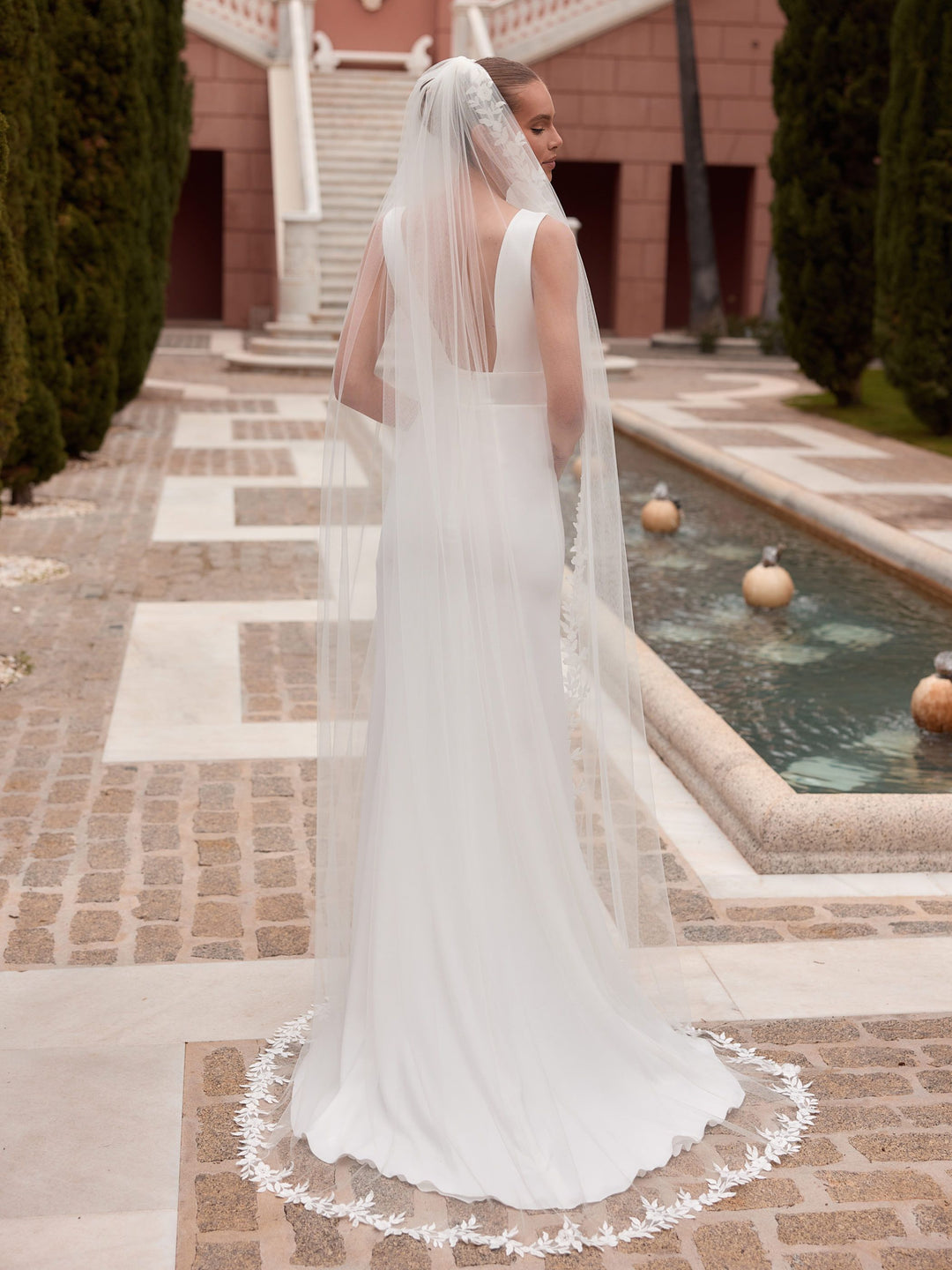 Voile de mariée S563 – tulle souple – guirlande de dentelle fleurie – 220 cm BIANCO EVENTO