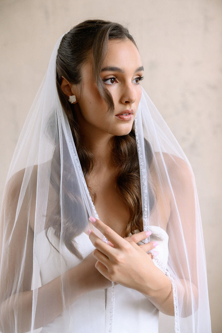 Voile de mariée Vela 105 cm, bordure perlée, photo 1