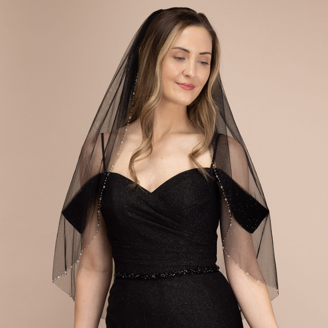 Voile de mariée noir pailleté perles argentées PBV9061 – 90 cm – The Perfect Bridal Company