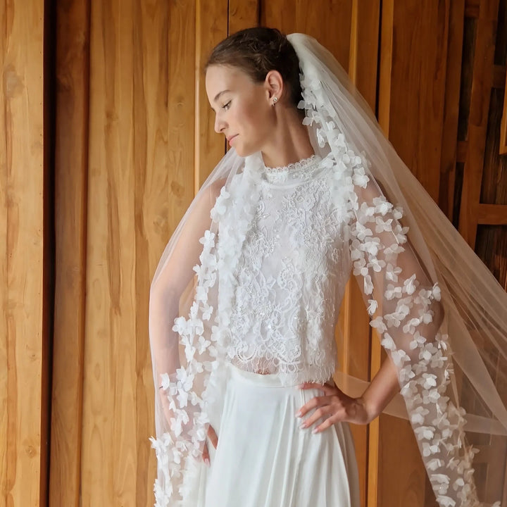 VOILE DE MARIÉE AVEC FLEURS EN MOUSSELINE 3D - MORFEO WD115