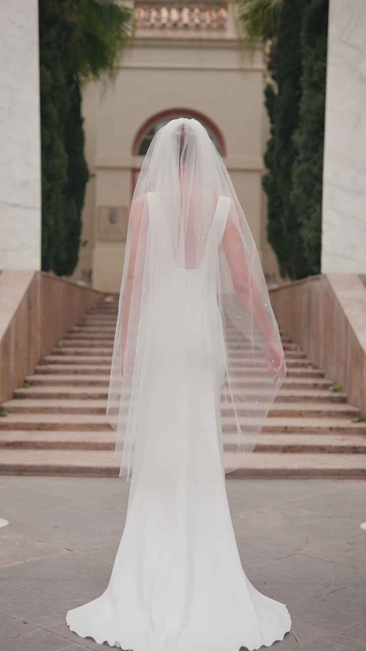 Voile de mariée S555 – tulle pailleté, perles et cristaux, 140 cm
