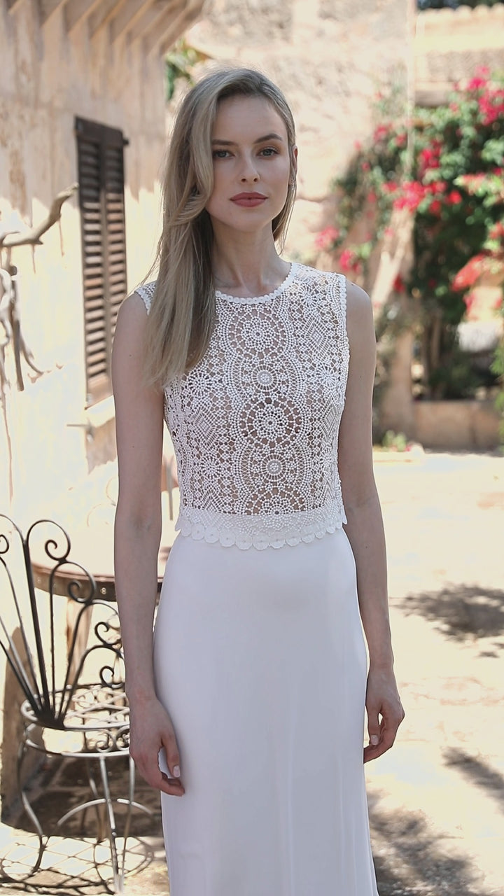 TOP DE MARIÉE BOHO EN GUIPURE SANS MANCHES E409