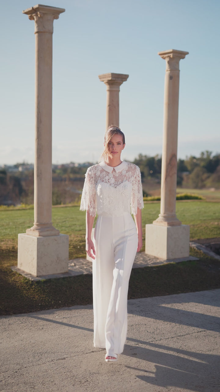 Top de mariée E522 – dentelle – col rond et manches 3/4