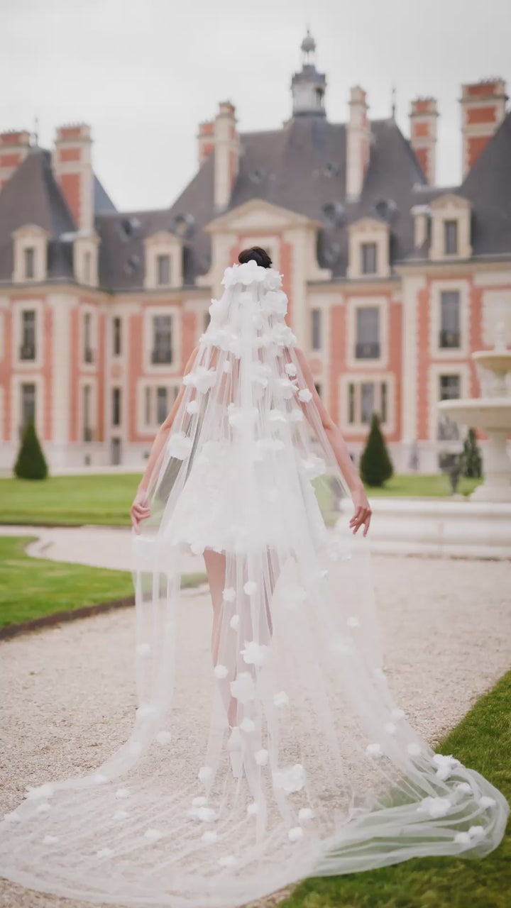 Voile de mariée S546 – fleurs 3D, tulle doux, 300 cm