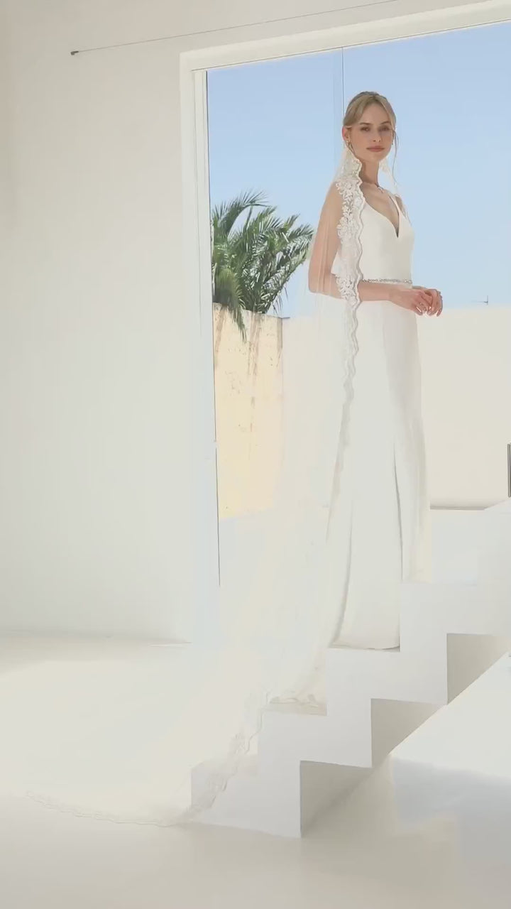 VOILE DE MARIÉE S424 EN TULLE DIAMOND 300 CM AVEC DENTELLE ET PERLES