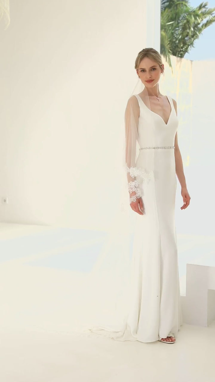 VOILE DE MARIÉE S427 EN TULLE IVOIRE AVEC RABAT ET BORDURE EN DENTELLE – 220 CM